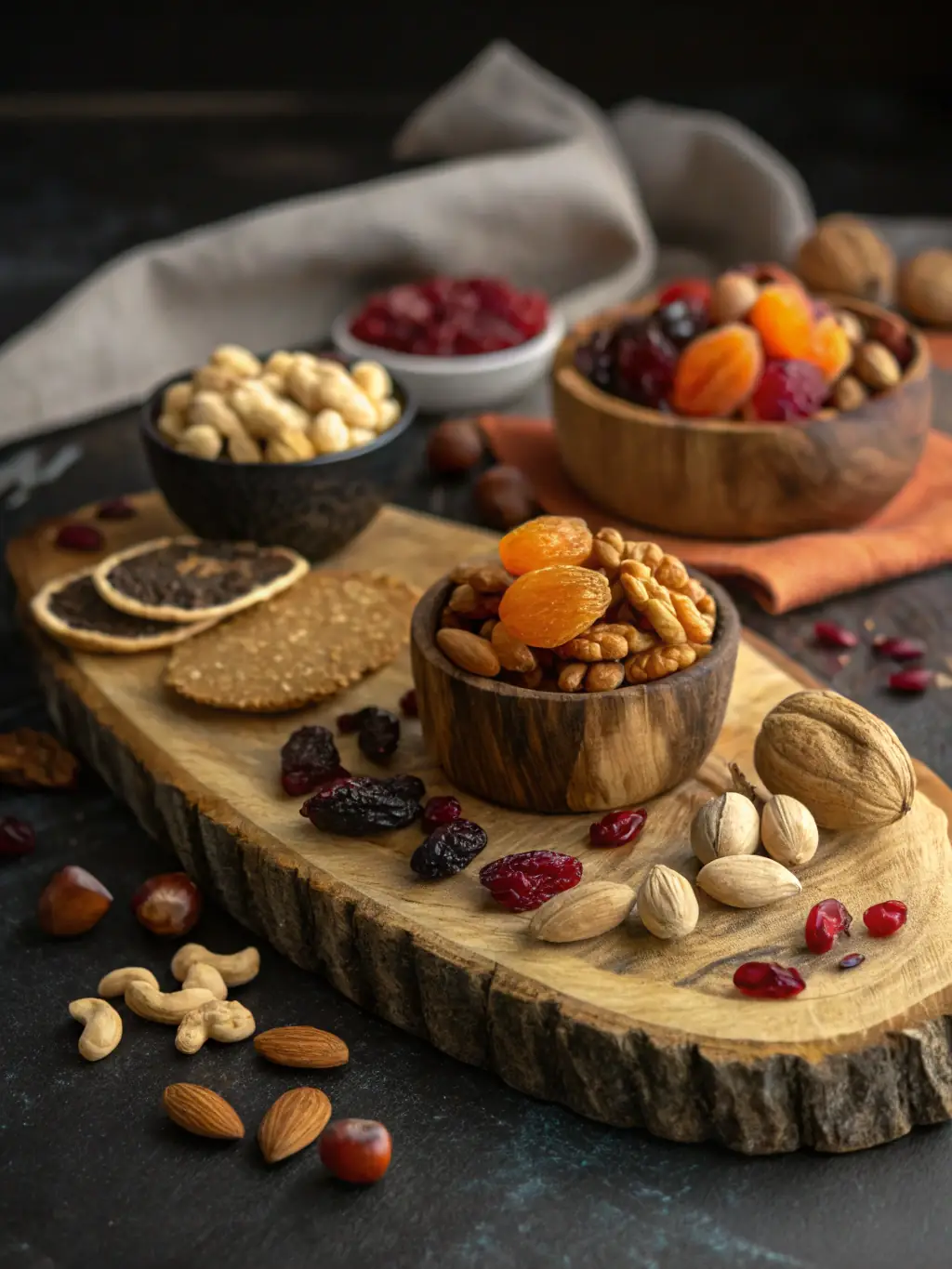 A rustic wooden basket containing a variety of Harvest Crate Naturals' organic nuts, seeds, and dried fruits, with a focus on healthy and wholesome ingredients, perfect for a wellness-themed gift.