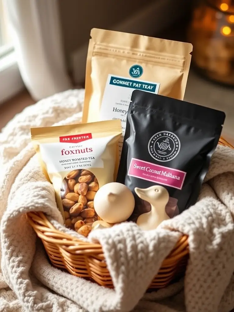 A cozy gift basket filled with Harvest Crate Naturals' grains, seeds, and a selection of herbal teas, presented with a warm blanket and a book on healthy eating, perfect for a get-well-soon gift.