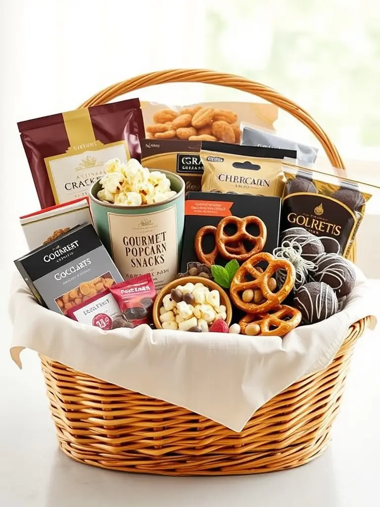 A charming gift basket featuring Harvest Crate Naturals' dried fruits and nuts, arranged with a small bouquet of dried flowers and a handwritten card, ideal for a birthday or anniversary.