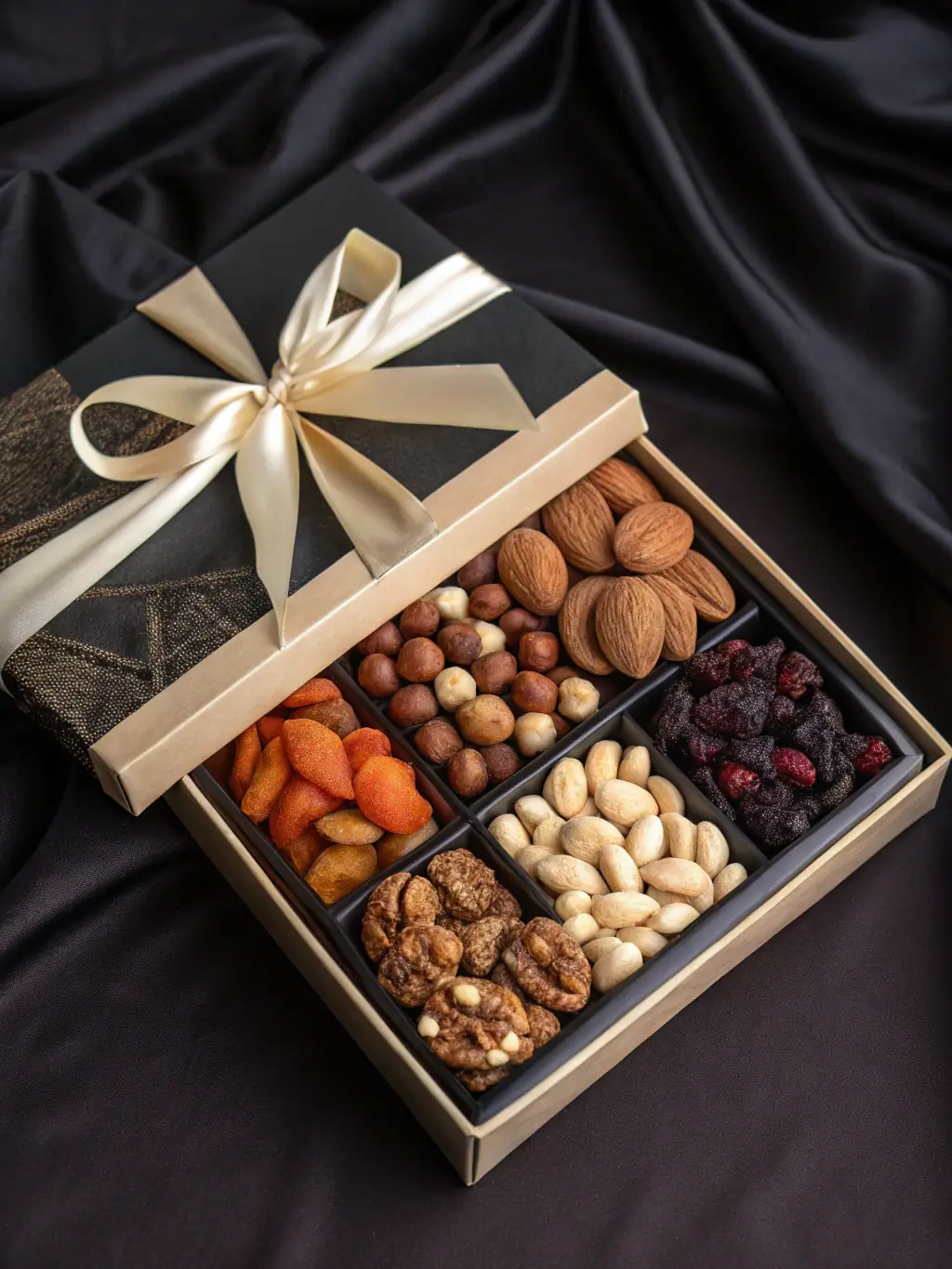 A beautifully arranged gift basket filled with an assortment of Harvest Crate Naturals' best-selling nuts, seeds, and dried fruits, wrapped in cellophane with a festive ribbon, suitable for a corporate gift.